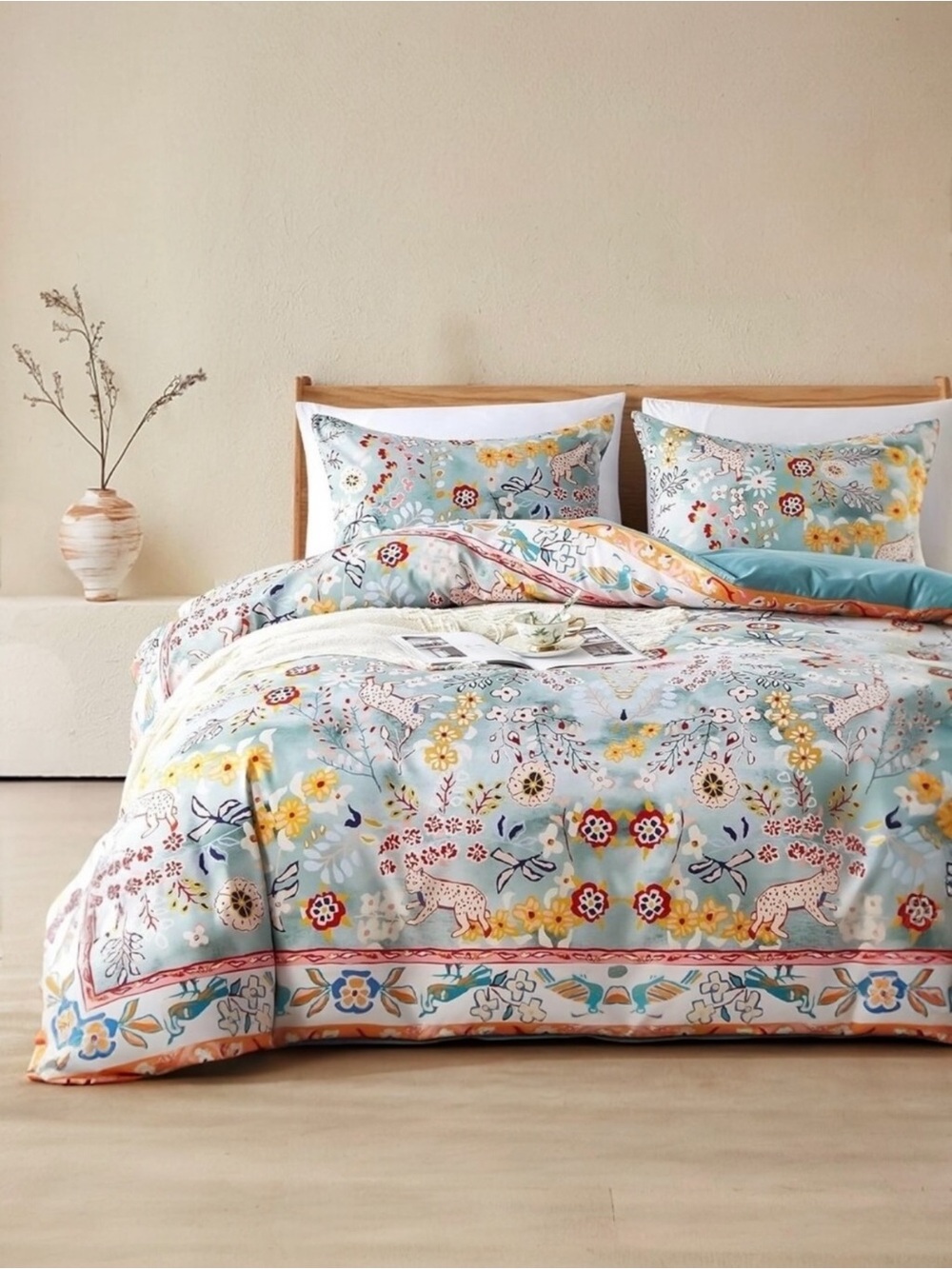 NEW Anthro Blue Jungle Multicolor Boho Queen / King Bedding Duvet & Sham Case - Picture 8 of 16
